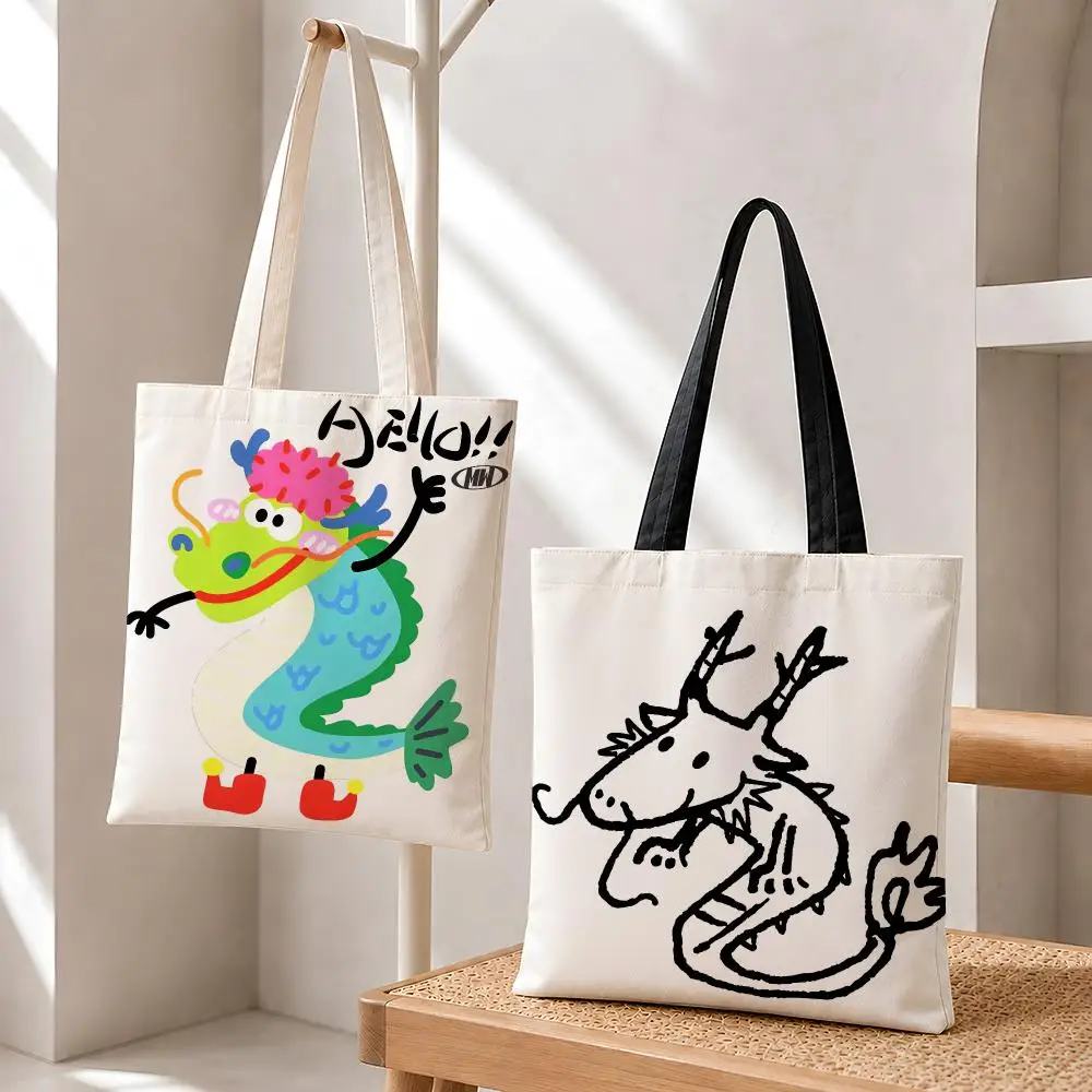 Dragon Fantasy Mythical Creature Storage Bags Fashion Cotton Canvas Tote Bag Eco Friendly Reusable Large Capacity Shopping Bag