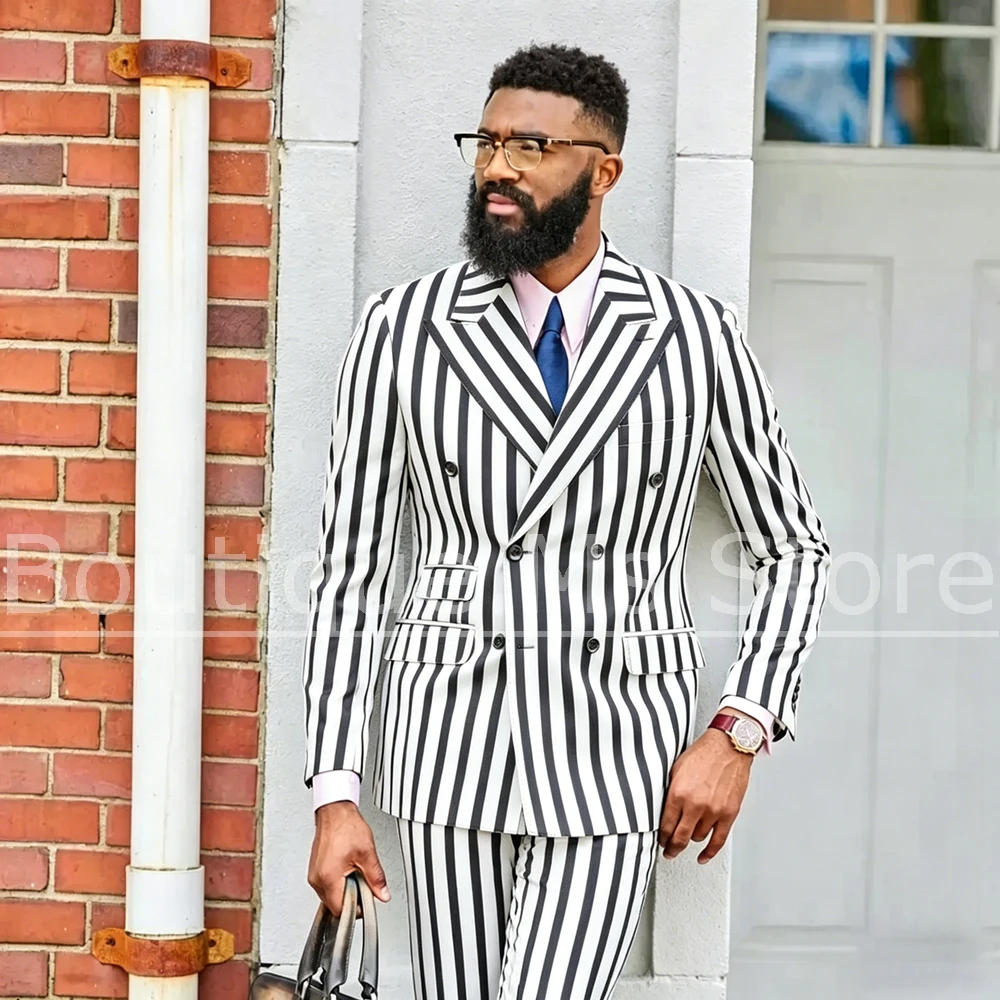 

Chic Men Striped Double Breasted Suit 2 Piece Slim Fit Peak Lapel Wear Fashion Business Wedding Party Club Blazer Pants Set