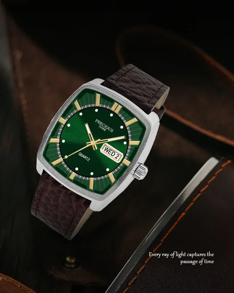 Classic Square Tonneau Men's Watch Double Calendar Leather Vintage Fashion Men's Quartz Watch Relogio Masculino Reloj Hombre