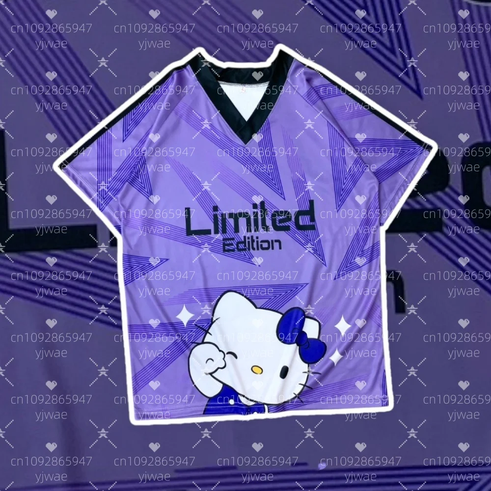 

American style Women Hello Kitty 4 colors Print V-Neck Short Sleeve T-Shirt Tee Baseball Jerseys Stripe Oversize Sport T-Shirt