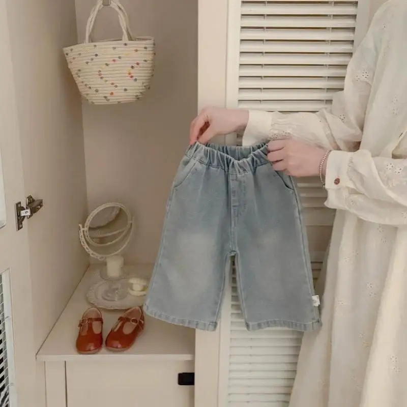 2026 Autumn New Children Denim Trousers Solid Girls Loose Wide Leg Pants Toddler Fashion Casual Pants Kids Clothes