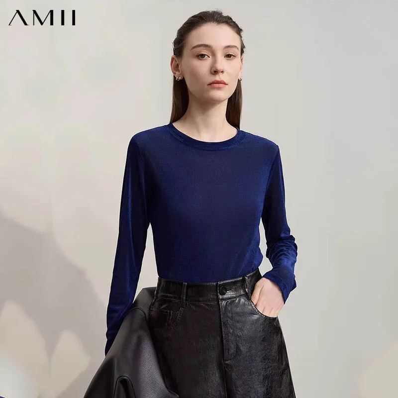 Amii Long Sleeve T-shirt 2026 Autumn New Shiny Casual ONeck Slim T-Shirt Women's Solid Color Versatile Mesh Knitted Top 12523045