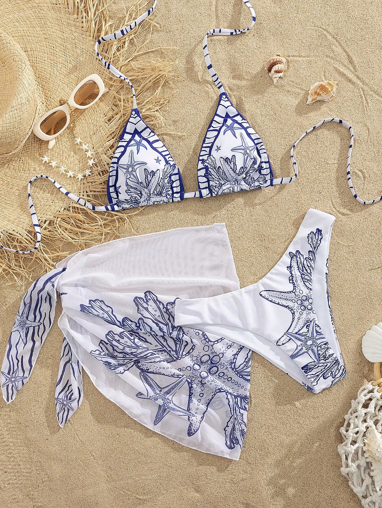 

Комплект бикини с треугольными топами и принтом в морском стиле, с сетчатой юбкой, 3 предмета, пляжный купальник для курортного отдыха