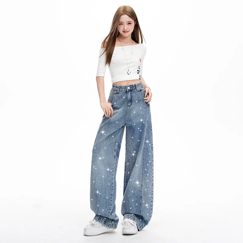Women's Straight Leg Denim Pants High Waisted Baggy Wide Leg Bling Jeans Casual Sparkly Harem Jeans for Streetwear