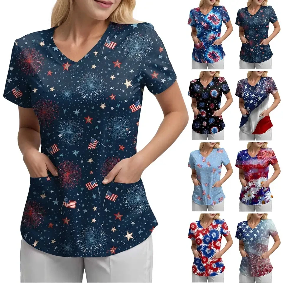 

USA 250th Anniversary 3d Print T-Shirt For Women Nursing Scrubs Tops V-Neck Short Sleeve Pocket Tees Shirts Clinical Uniform