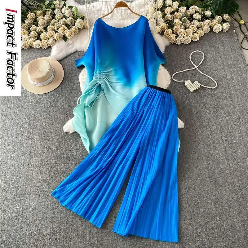 Miyake Light Luxury Gradual Change Blue Age-reducing Split Drawstring Bat Sleeve Long Pleated Wide-leg Pants Two-piece Set