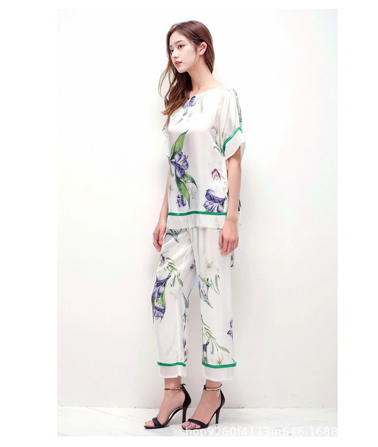 Women's Lightweight Silk Pajamas for Summer - 100% Mulberry Silk Short-sleeve and Long-pants Loungewear Set, Cool, Comfortable a