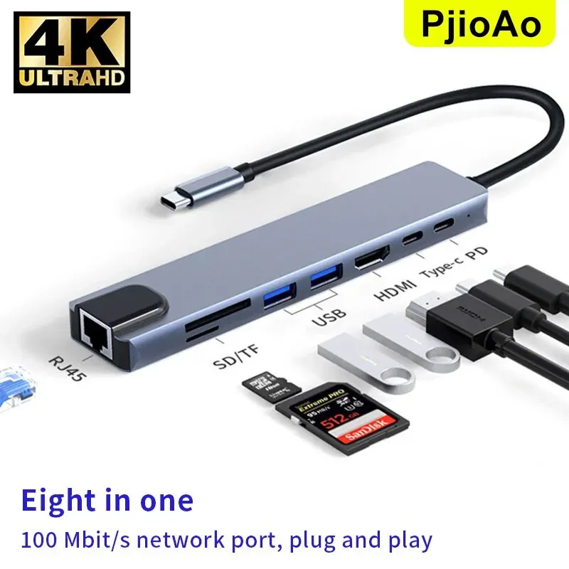 PjioAo USB C Hub 8 In 1 Type C 3.1 To 4K HDMI Adapter with RJ45 SD/TF Card Reader PD Fast Charge For Laptop Computer