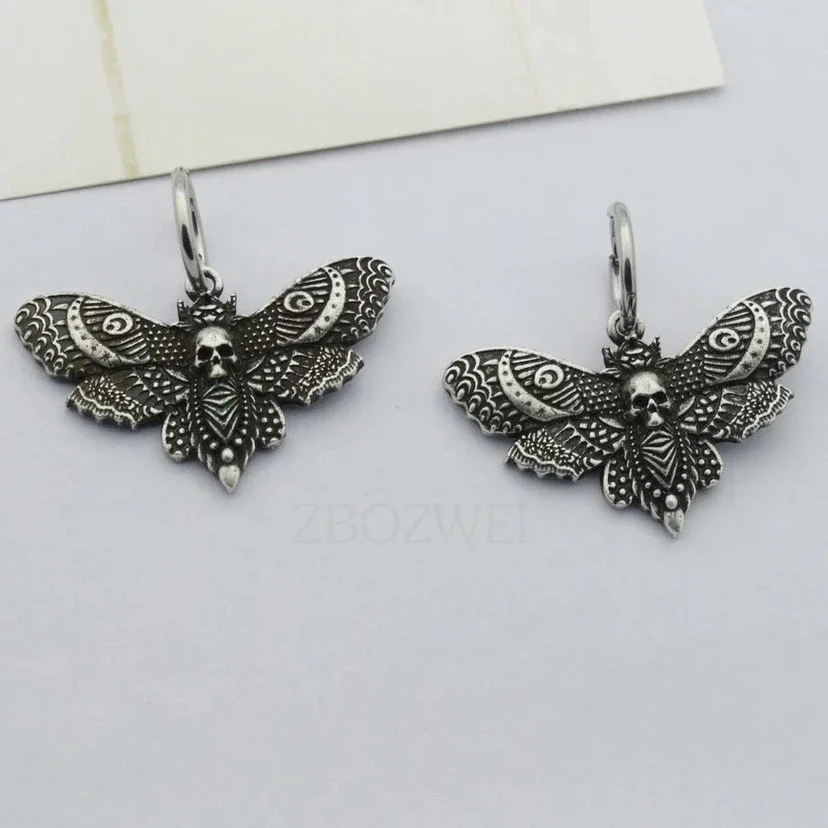 Gothic Vintage Moth Ear Hoops For Women Girls Fashion Pagan Witch Jewelry Accessories Gift Moon Moth Charm Pendant Earrings New