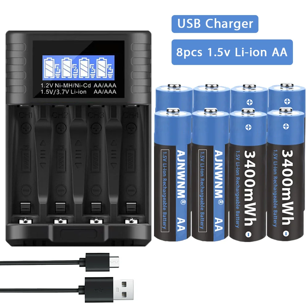 

8pcs 1.5V AA Li-ion Battery 3400mwh Li-polymer Rechargeable battery AA with LCD Battery Charger for 1.5v Lithium AA AAA Battery