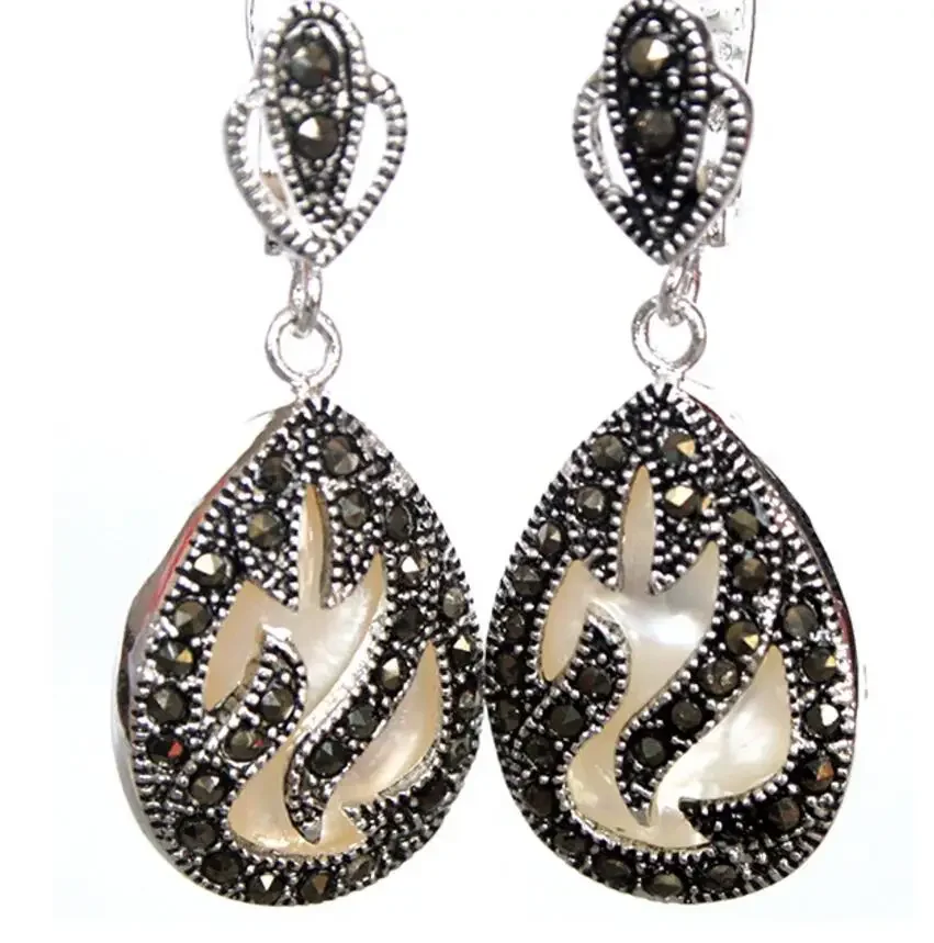 

11/2" unique 925 Silver Marcasite inlay white sea shell Waterdrop Earrings