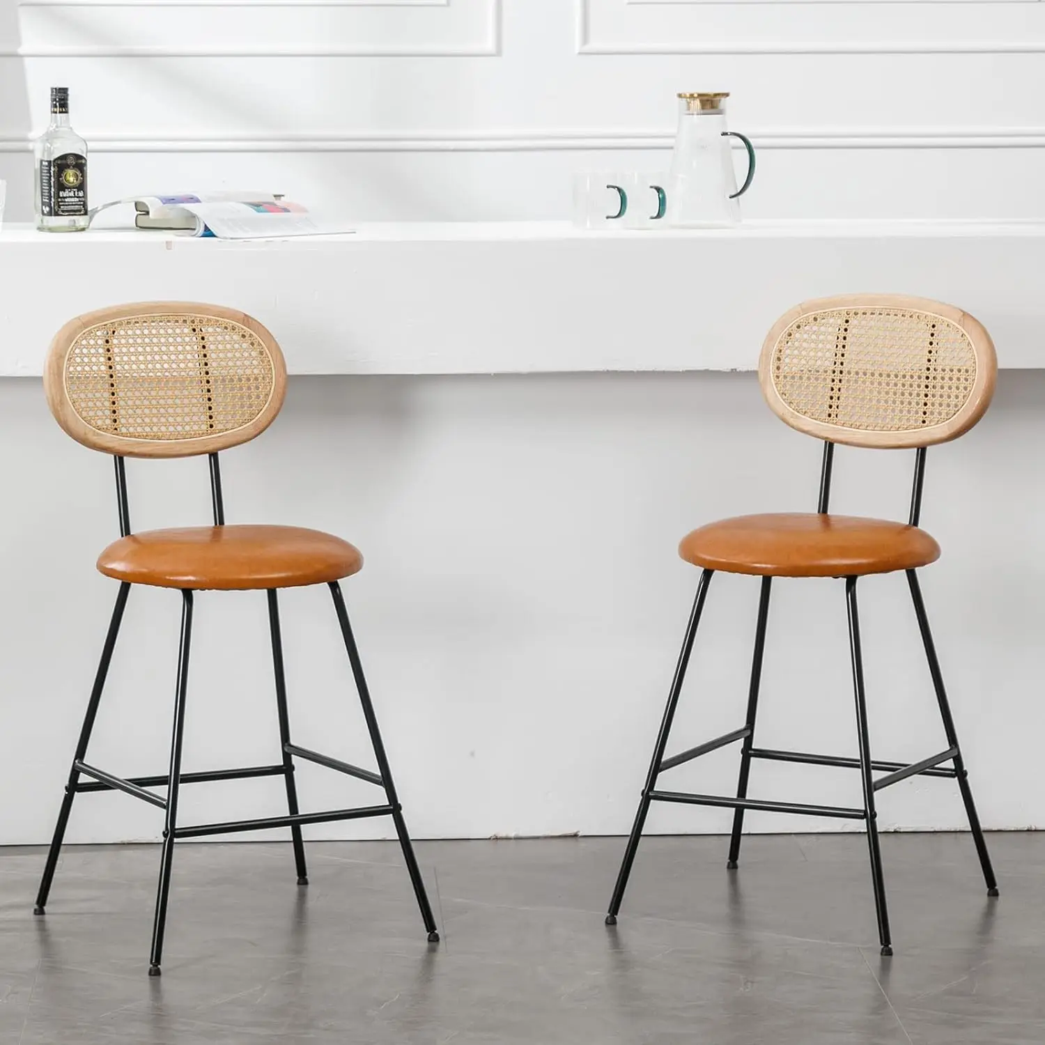 Rattan Counter Height Bar Stools,Leather Bar Stoolswith Metal Leg & Rattan Backrest, Armless Dining Room Chairs,Whiskey Brown