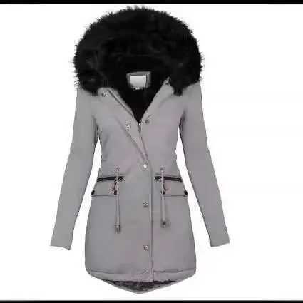 

Сплошной цвет с меховым воротником и капюшоном, новая тонкая женская одежда, куртка на молнии, пальто, парка, осень-зима