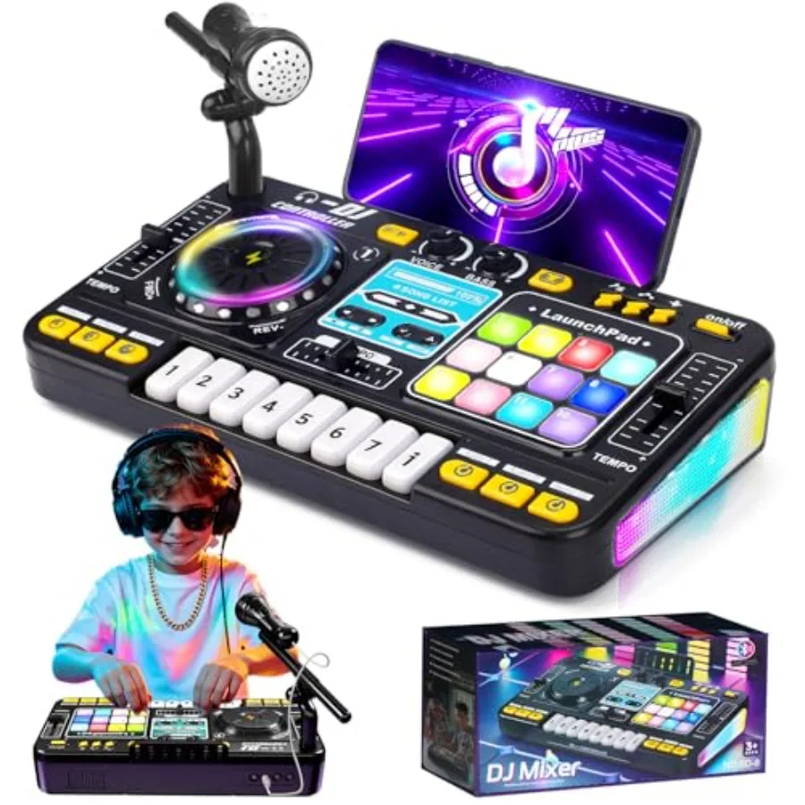 

DJ Mixer Controller Table Musical Toy with LED Lights Sound Effect Microphone Piano DJ Mixer Board Music Toys for Birthday Gift