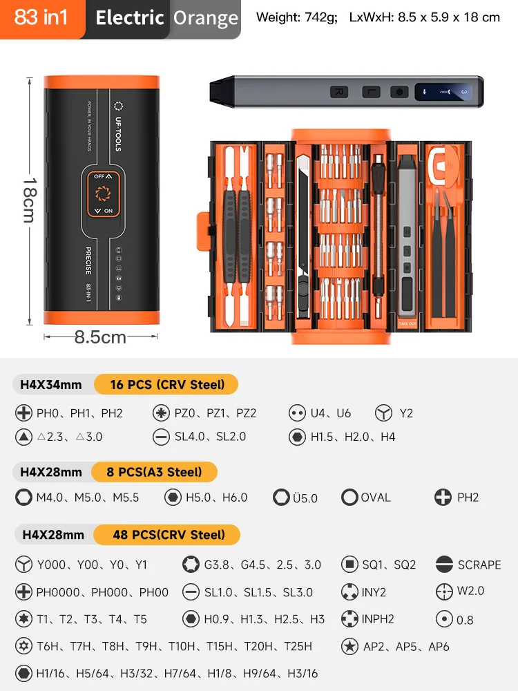 83-delige precisie elektrische schroevendraaierset, draadloos, USB-oplaadbaar, 4-traps koppelinstelbaar, reparatieset met LED-displaylicht