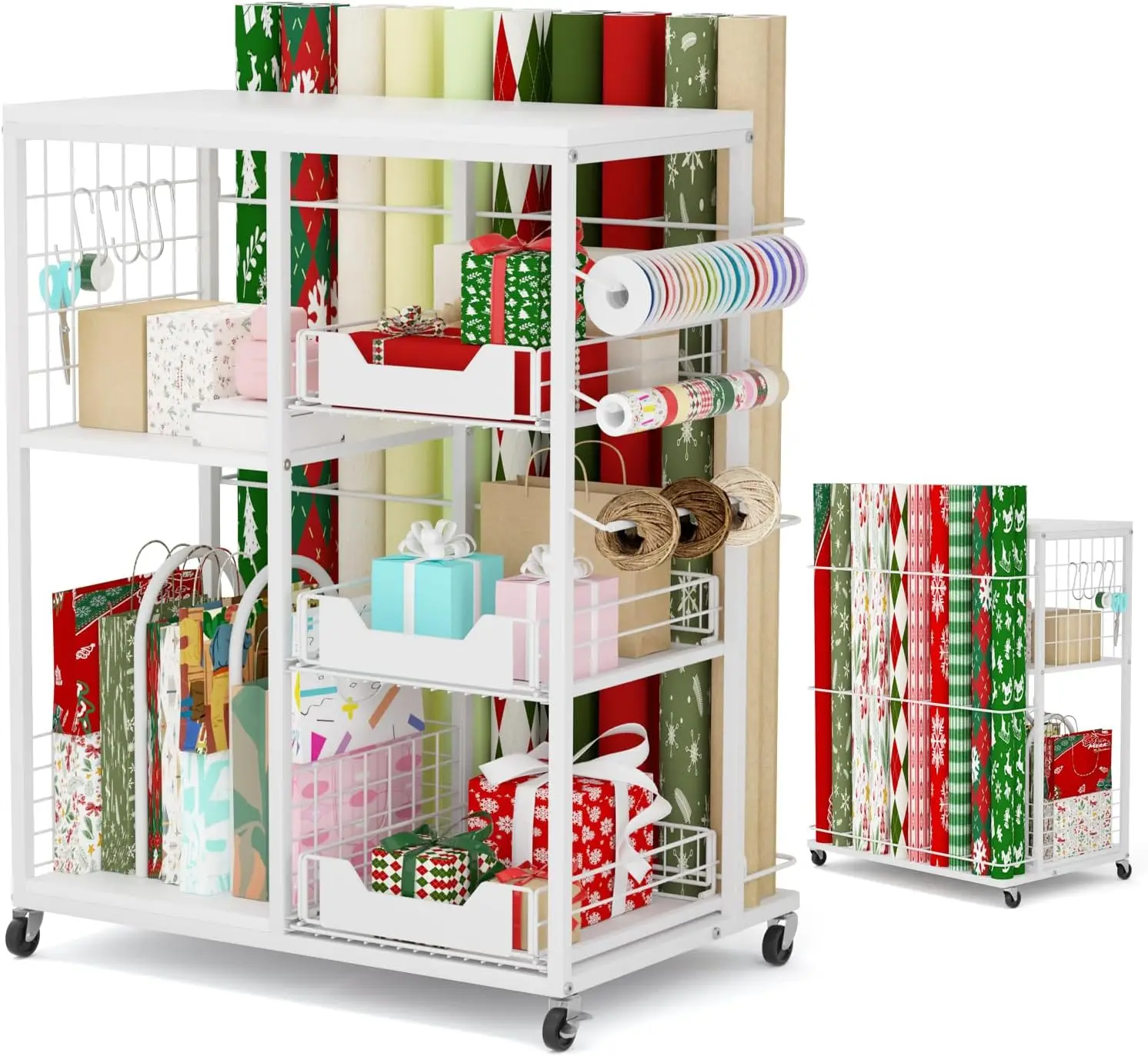 

Rolling Wrapping Paper Organizer Cart – Gift Wrap Storage with Wheels, 20 Roll Holders, 3 Drawers & Ribbon Dispenser, C