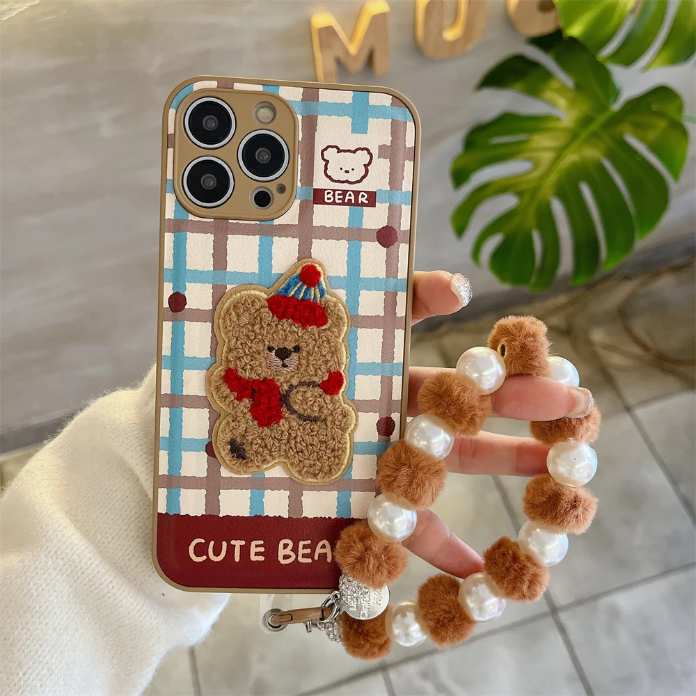 Korea Embroidery Rabbit Bear Cartoon lattice Phone Case For iPhone 16 15 13 12 11 Pro Max Xr Xs 15 14 Plus plush lanyard Cover