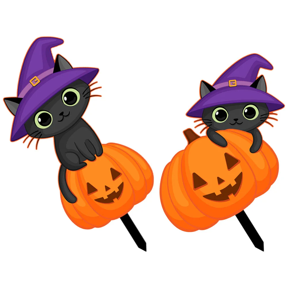 2 Pcs Halloween Garden Sign Pumpkin Cat Lawn Stakes Yard Insert Holiday Party Decoration Acrylic