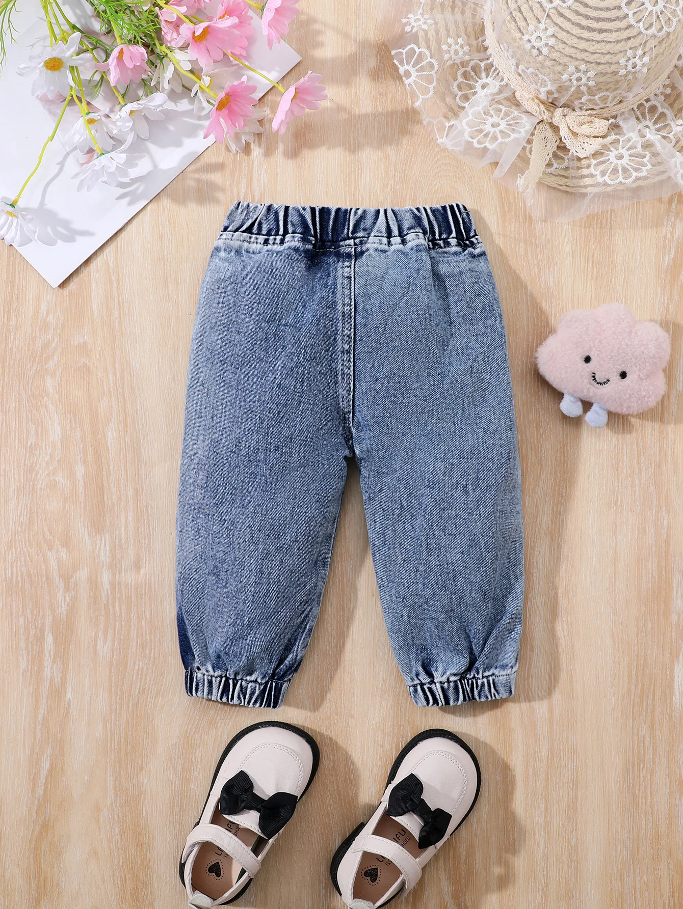 Girls jeans baby children four seasos fake pocket embroidered cat bow foot edgeekastuc dark blue