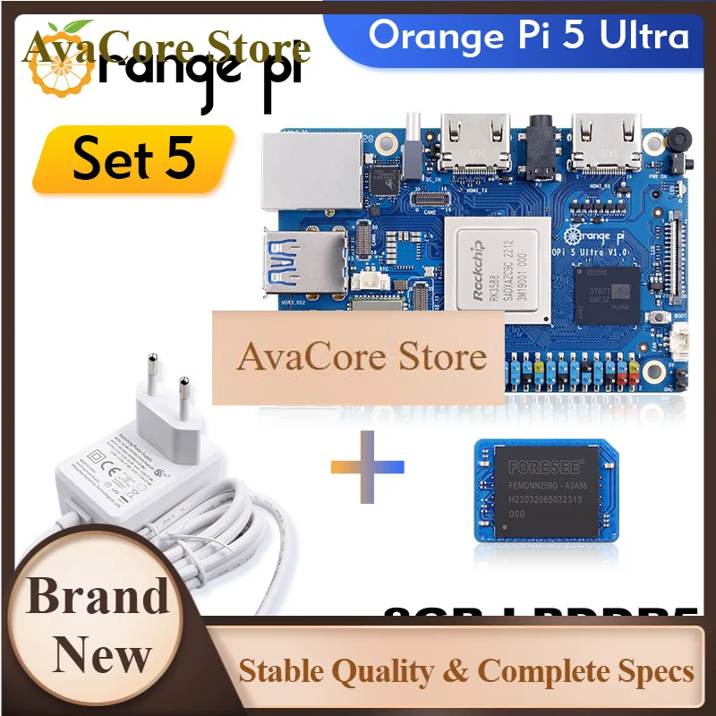 AvaCoreOrange Pi 5 Ultra + Power Supply + 64GB EMMC Module Development Board 8GB LPDDR5 Ram RK3588 Rockchip WIFI 6E+BT5.3 With M