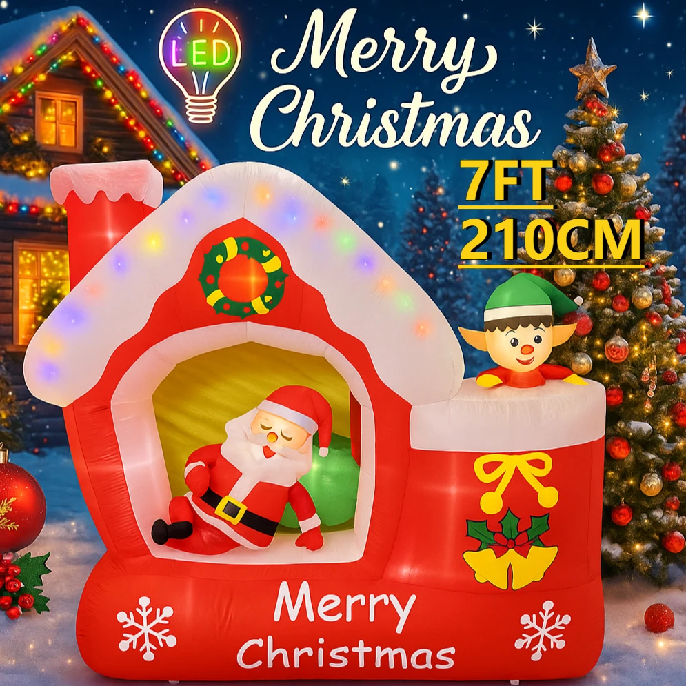 7FT في الهواء الطلق عطلة زينة عيد الميلاد نفخ اللعب منزل سانتا قزم مع أضواء LED عيد الميلاد ساحة ديكور لوازم زخرفة المنزل