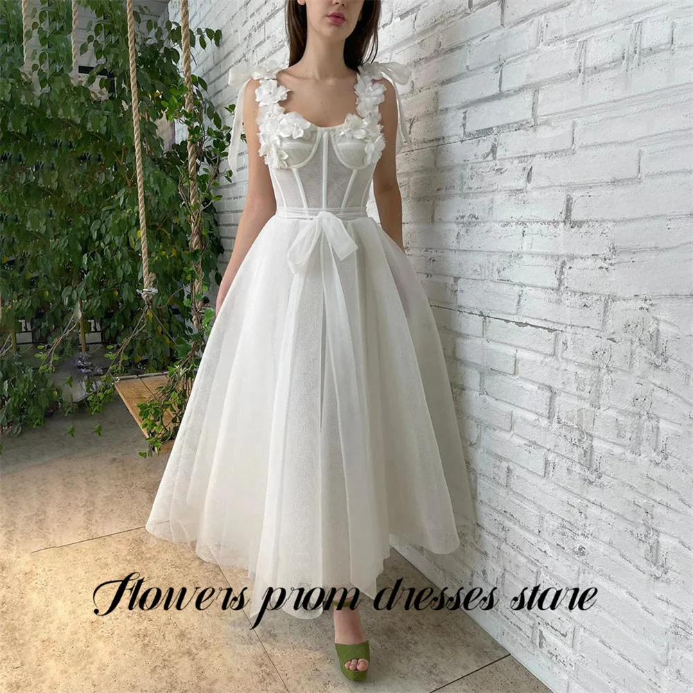 

Flowers White Sweet Party Dress Floral Detail Evening Dress with Bow Prom Gown for Women فساتين مناسبة رسمية