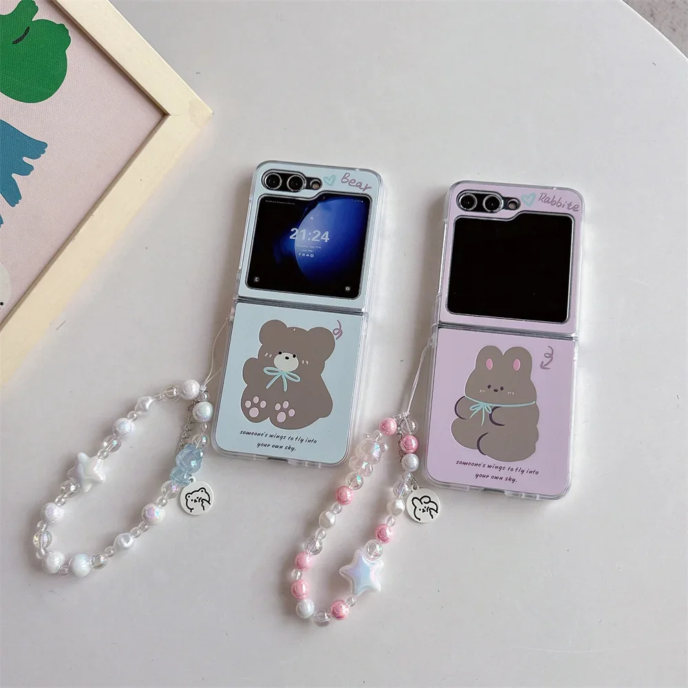 Cute Cartoon Bear Rabbit Bracelet Case for Samsung Galaxy Z Flip 5 4 3 Mirror Wrist Chain Shockproof Cover for Samsung Flip5