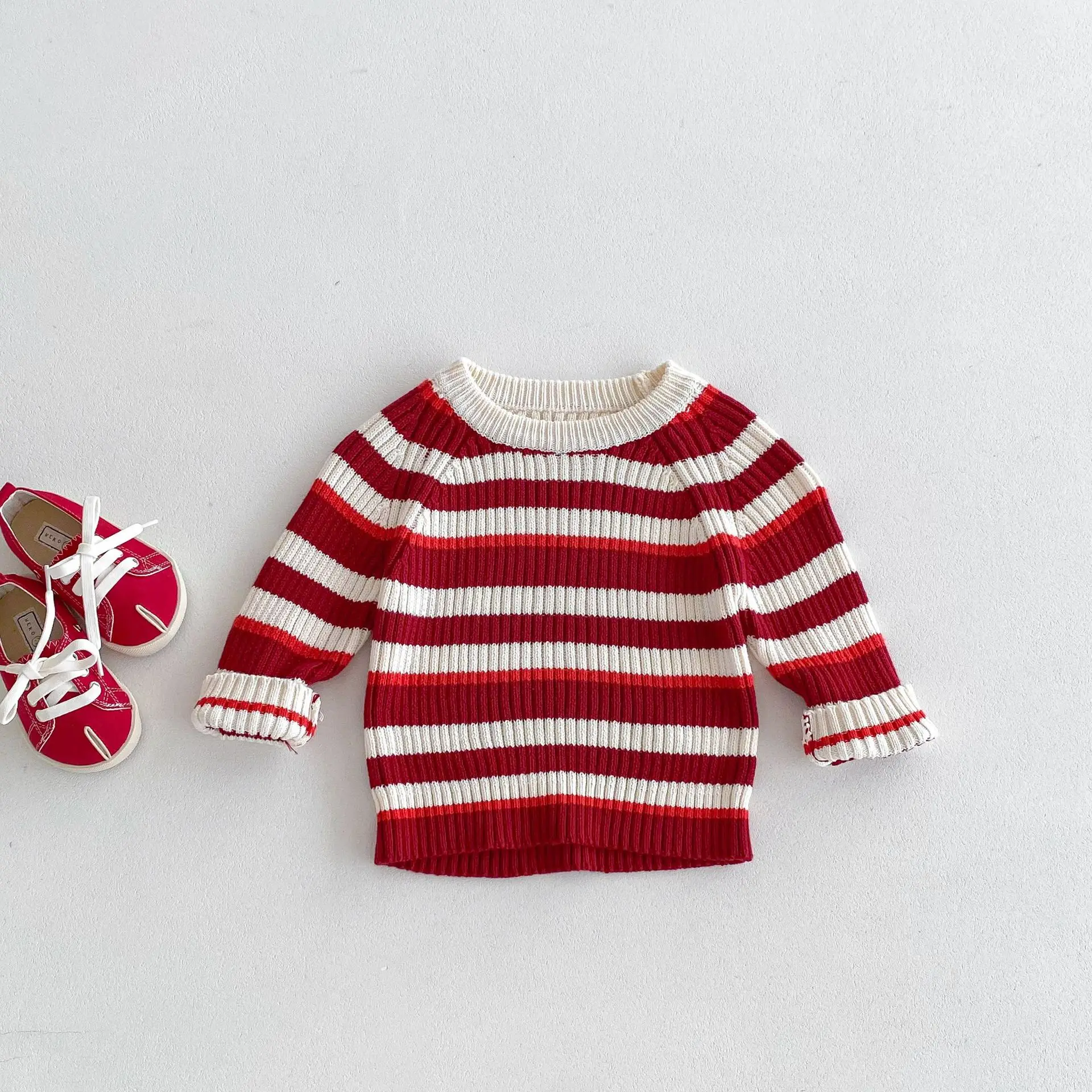 

2024 Autumn New Baby Christmas Red Striped Sweater Children Knit Pullover Cotton Kids Girls Casual Sweater Infant Clothes