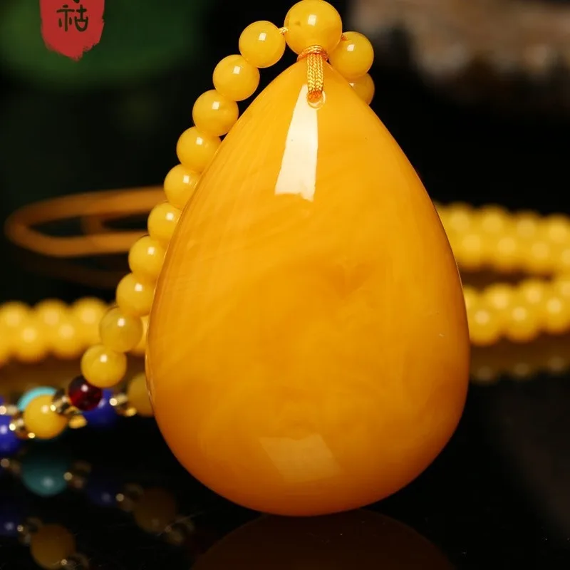 Chicken Oil Yellow Water Drop Necklace for Men and Women, Natural Raw Stone Amber Old Wax Sweater Chain Pendant