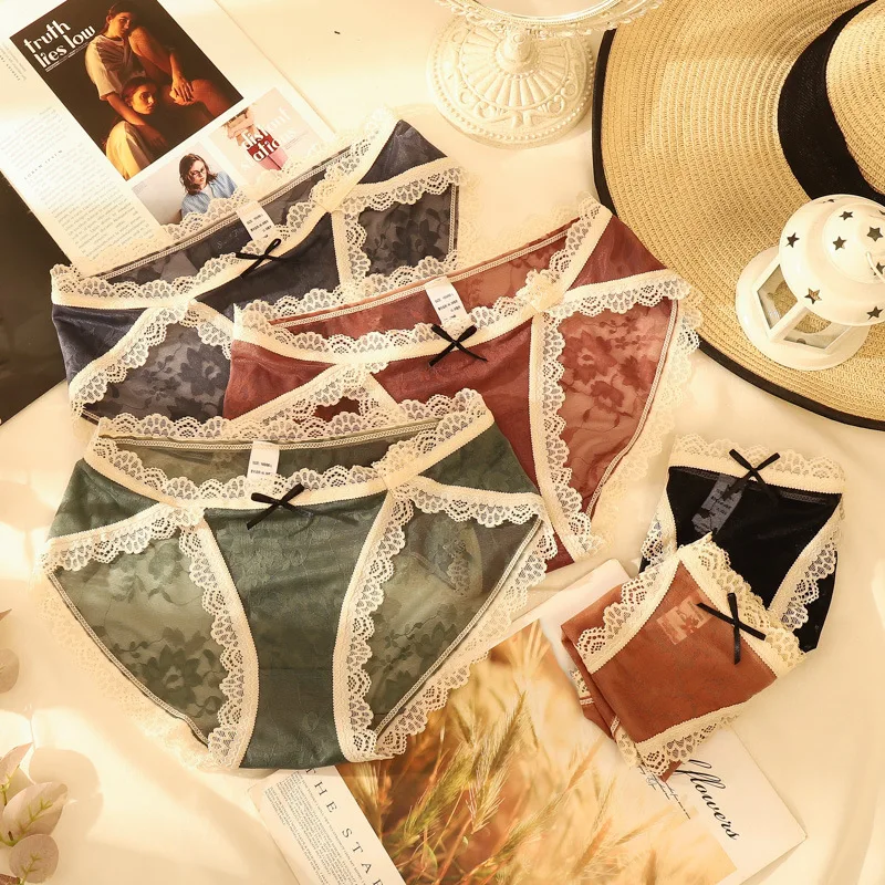 

【Independent Installation】Sexy Lace Hollow Out Mesh Panties Women's Mid-Waist Pure Cotton Crotch Girl Triangle Briefs