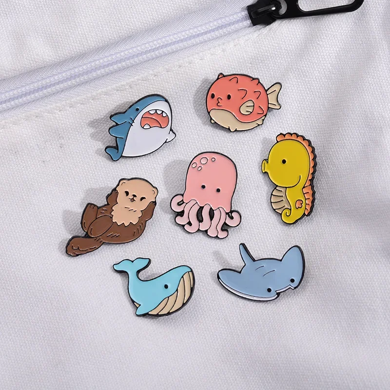 Sea Life Series Women's Brooch Cute Shark Whale Seahorse Metal Badge Personality Clothing Accessories Jellyfish Badge Lapel Pins