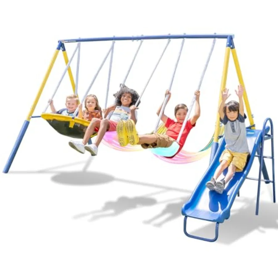 Ensemble de balançoires en métal Starlight avec 2 balançoires lumineuses LED, balançoire soucoupe et ensemble de jeu extérieur coulissant de 5 pieds avec cadre robuste et sécurité Fea