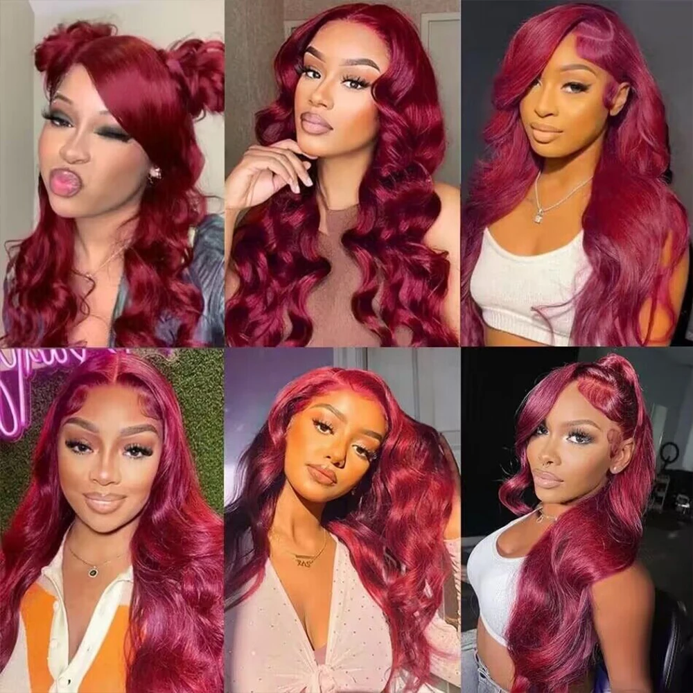 Perruque Lace Front Wig Body Wave Brésilienne Naturelle, Cheveux Humains, Bordeaux 99J, 13x6, Transparent HD, Couleur Rouge, pour Femme