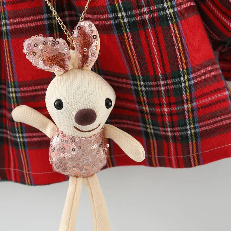 Summer girl kid sweet plaid sleeve doll neck dress princess dress baby dress+teddy bear pendant 6M-2T