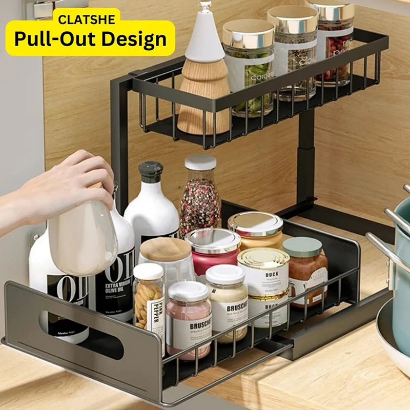 Under Cabinet Organizer 2 Tier Sliding Shelf Organizer for Kitchen Bathroom Space Saver Easy Install