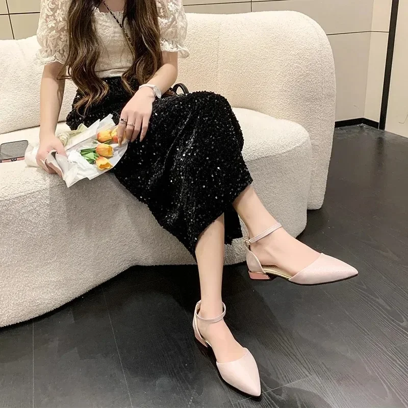 Fashion Low Heels Pointed Toe Simple Women Shoes Pumps Word Buckle Hollow Single Shoes Pointed Toe Thick with Shoes for Women