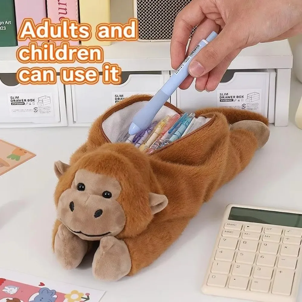 Large Capacity Pen Bag Zipper Closure Funny Design Animal Pencil Case Cartoon Print Gorilla Shape Stationery Storage Bag