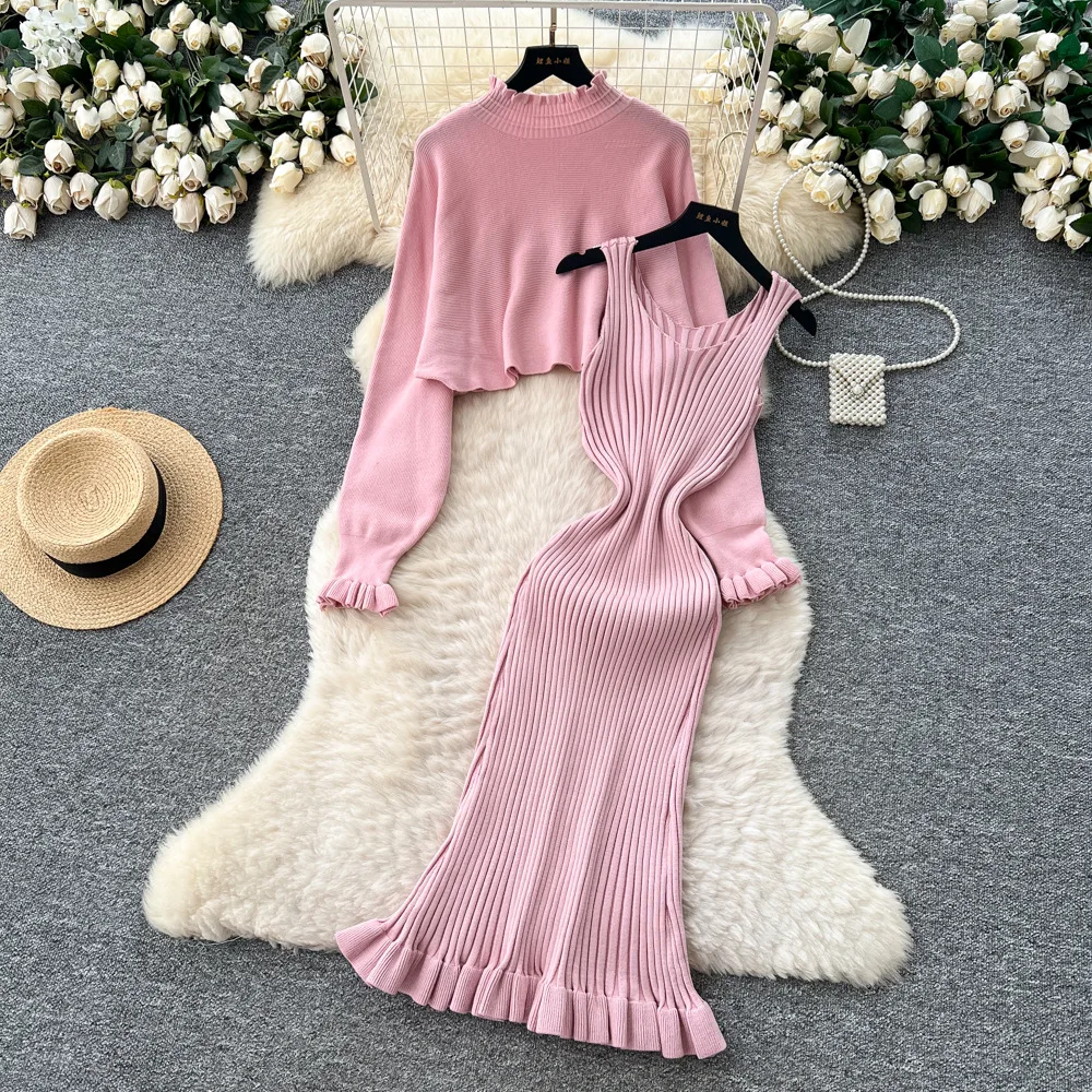 

Two Pieces Women Knitted Dress Sets Solid Matching Sets Round Neck Pullover Waist Cinched Ankle Length Dress 2025 Autumn Winter