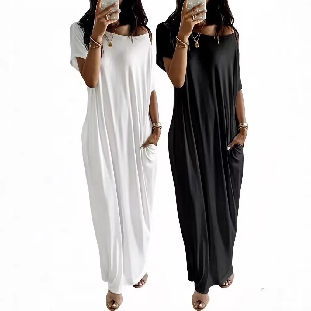 

2026 Summer Collection Women's Casual Short Sleeve Long Dress Solid Colors From European American Independent Station 3XL Size