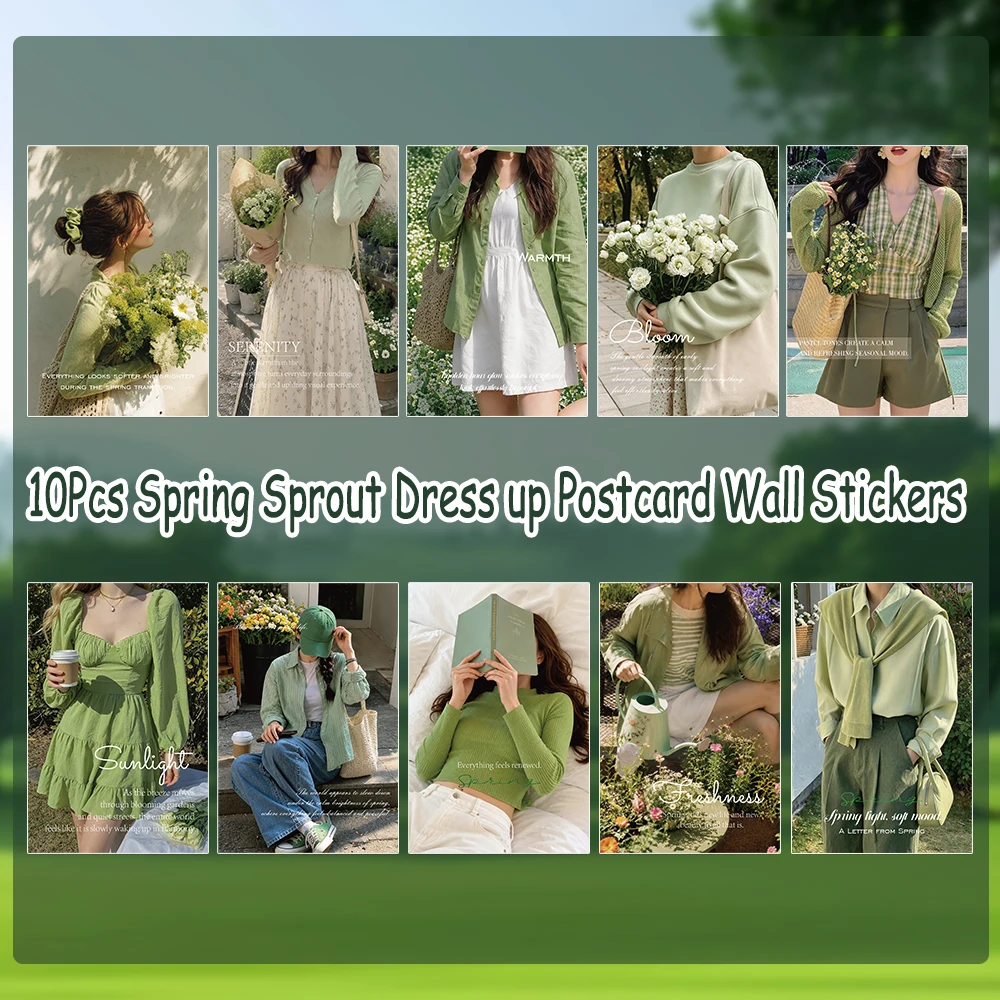 10Pcs Fresh Spring Women Fashion Postcard Wall Stickers  Light Green Dressing Look Art Print Collage Kit Aesthetic Room Decor