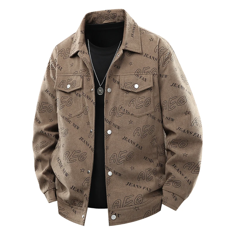ファッションメンズジャケットカジュアル多用途トレンディスポーツジャケットレターパターンポロ襟快適な防風コーデュロイキャンプコート