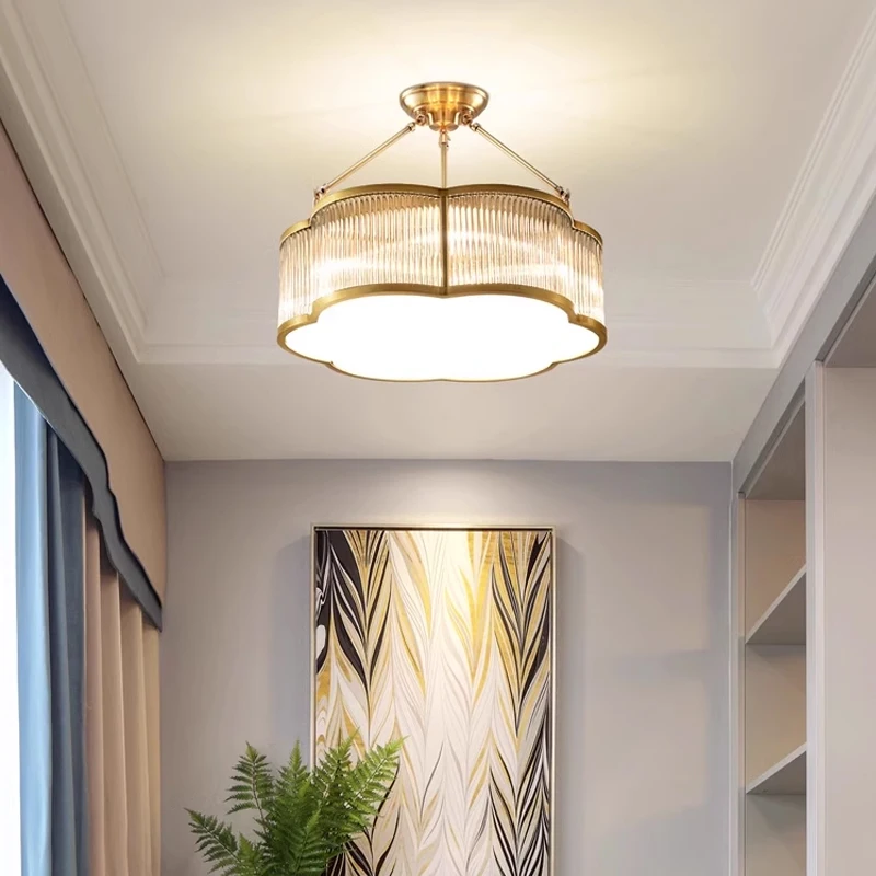 Plafoniere in vetro smerigliato nordico tutto in rame Foyer Ristorante Soggiorno Illuminazione Lustre Camera da letto Studio Loft Lampada da soffitto a LED