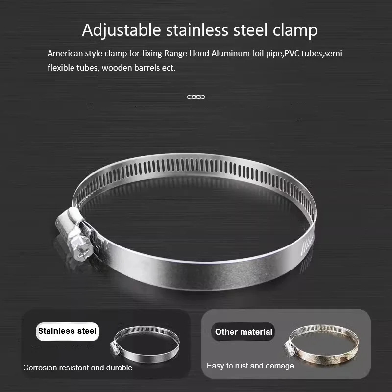 Φ50-330mm Adjustable stainless steel clamp for Range Hood Aluminum Foil Pipe/PVC/Semi Flexible Tubes, Wooden Barrels Fixed Parts