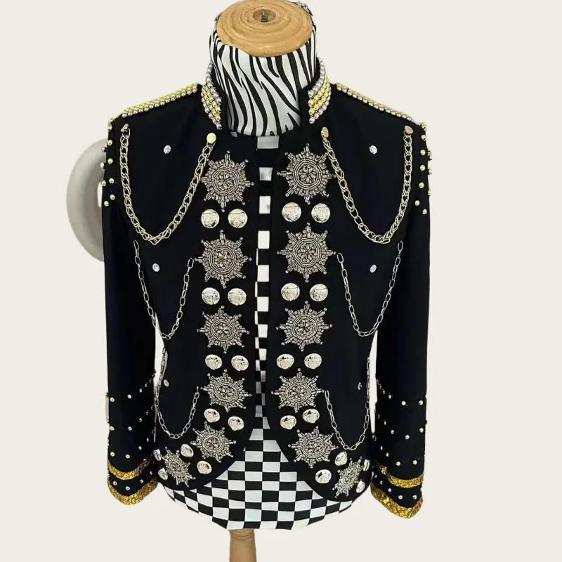 Quality Handmade Metal Chain Rhinestone Royal Jacket Costumes Nightclub Male DJ Singer Party Show Stage Performance Coat