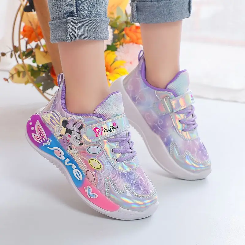 Minnie Mickey Girls Sneakers 2024 Autumn And Winter New Leather Running Shoes For Children Girls Light Non-slip Princess Shoes