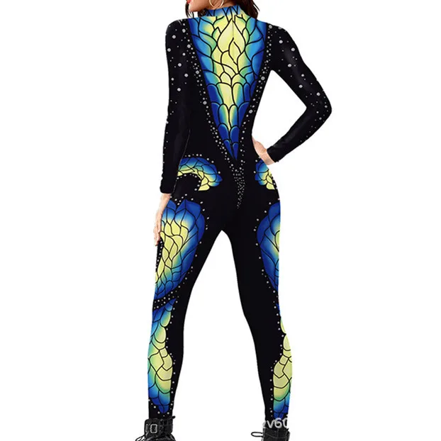 Halloween Sexy Damen Kostüm mit Digitaldruck, Karneval Bodysuit mit Reißverschluss, Party Cosplay Jumpsuit Outfit – Detail 10