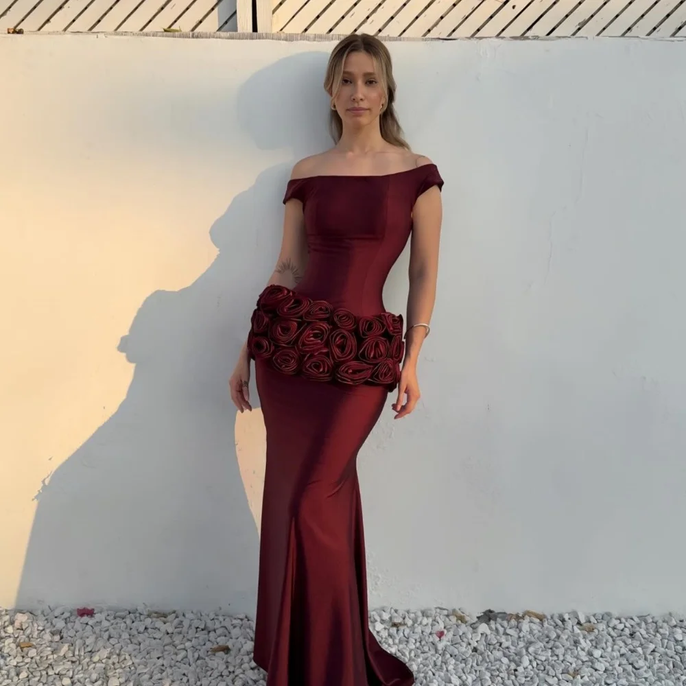 

Customized High Quality Pleat Handmade Flower Trumpet Off-the-shoulder Long Dresses Bespoke Occasion Chinese Style