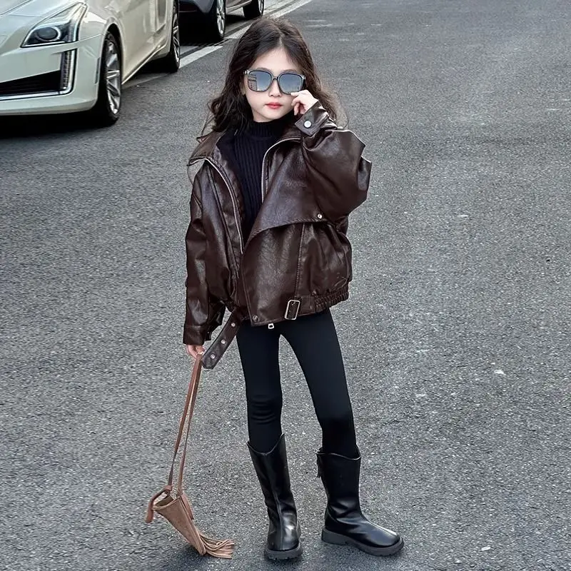 

Girls' PU Jacket 2025 Spring and Autumn American Children's Fashion Leather Jacket