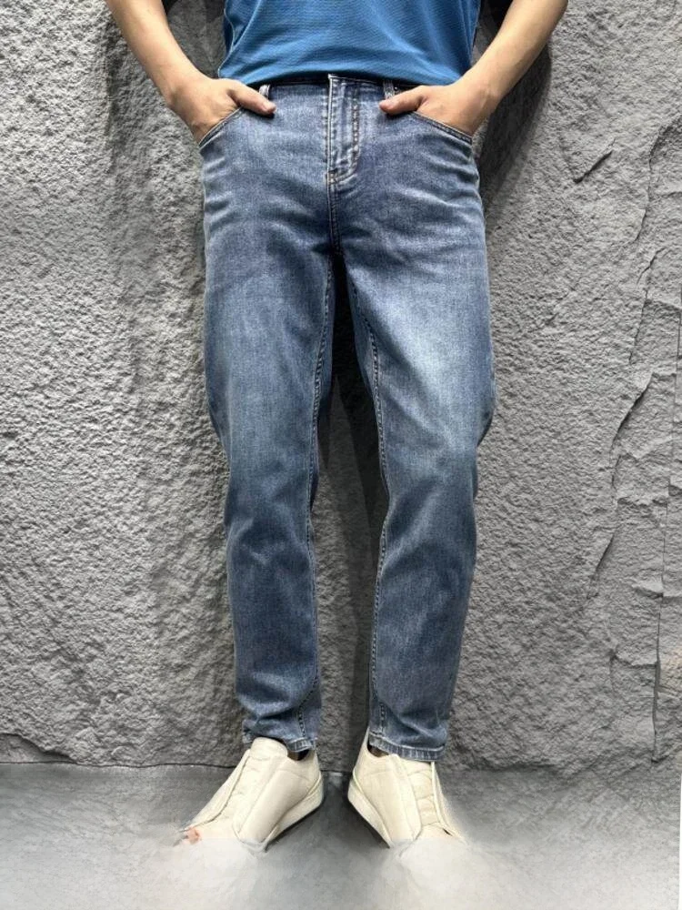 

High-End Faionable Men's Summer Waed Breathable Cone Nine Points Jeans Casual Straight Leg High Elastici Regular Thin