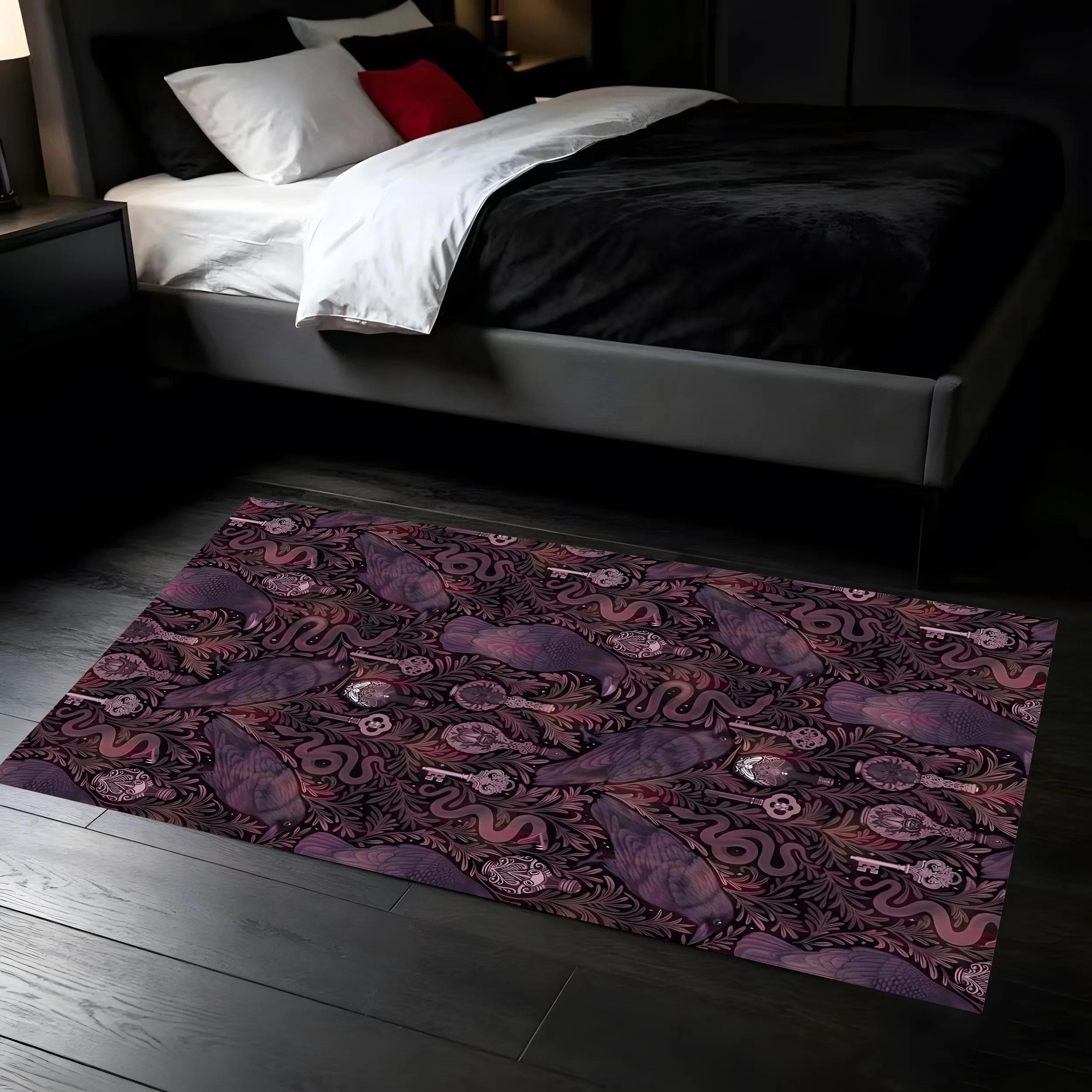 Crow Key Print Dark Gothic Velvet Rug for Entryway Bedroom Gaming Room Unique Mysterious Retro Decor